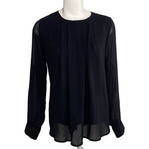 Another Story Tunic Blouse Top Women's MEDIUM Black Sheer Overlay Roll-Tab Scoop